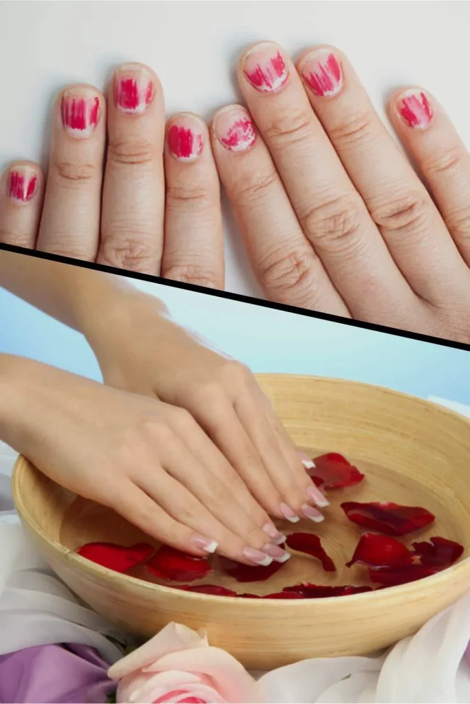 A close-up of a person's hands with fingers wrapped in silver aluminum foil, demonstrating the essential soaking step for how to remove gel nails at home.