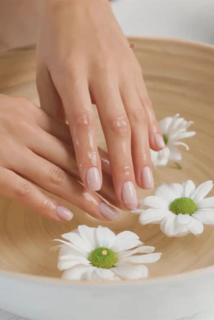 Hands soaking in a water bowl with daisies to demonstrate hydration techniques for how to grow nails fast.