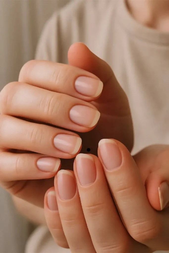 Close-up of thick, healthy, natural nails showcasing the results of how to grow nails fast through biotin and expert care.