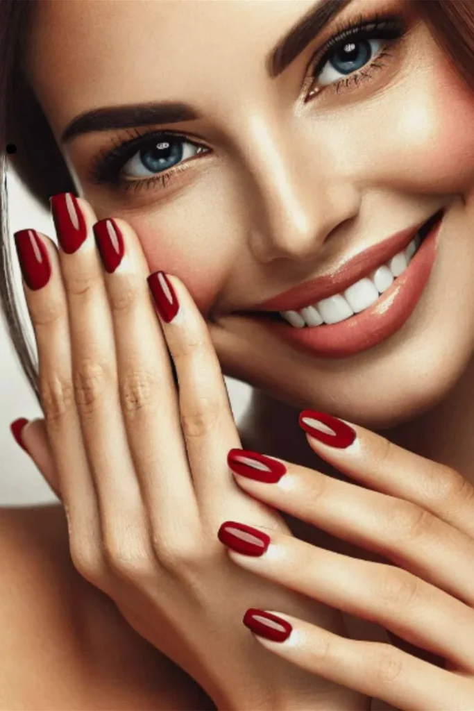 Gentle Cuticle Care Guide showing a smiling woman with deeply hydrated cuticles and a glossy red manicure.